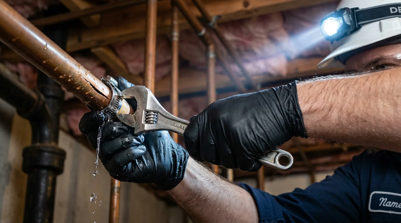 Emergency pipe clamp repair being performed by a Johns Plumbing LLC plumber in Youngwood