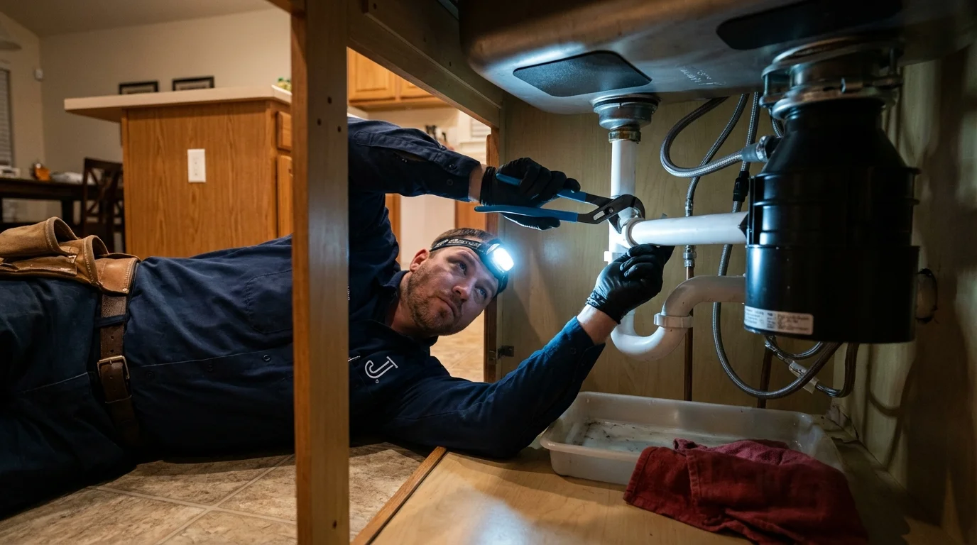 P-trap and supply line connections under a kitchen sink showing a common leak point in Youngwood, PA